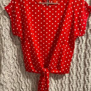 SHEIN Red and White Polka Dot Tie-Front Blouse